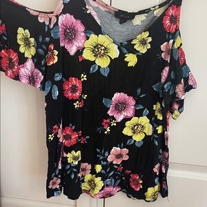 mine Black Cold-Shoulder Floral Tee with Yellow & Pink Blooms